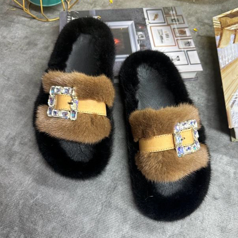 Women Shoes Mules - Klapki z futra norek damskie, prawdziwe