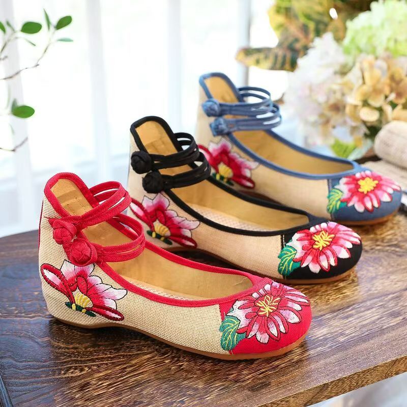 Ballet Flat Women - Damskie koturny, haftowane buty z materiału,